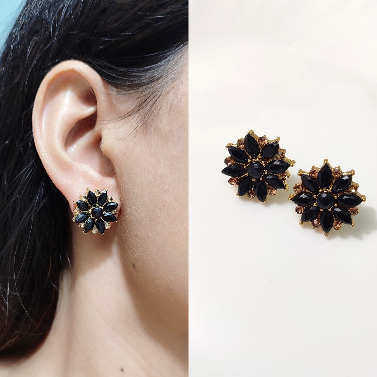 Black Onyx Crystal Stone Chip Earrings In 92.5 Sterling Silver